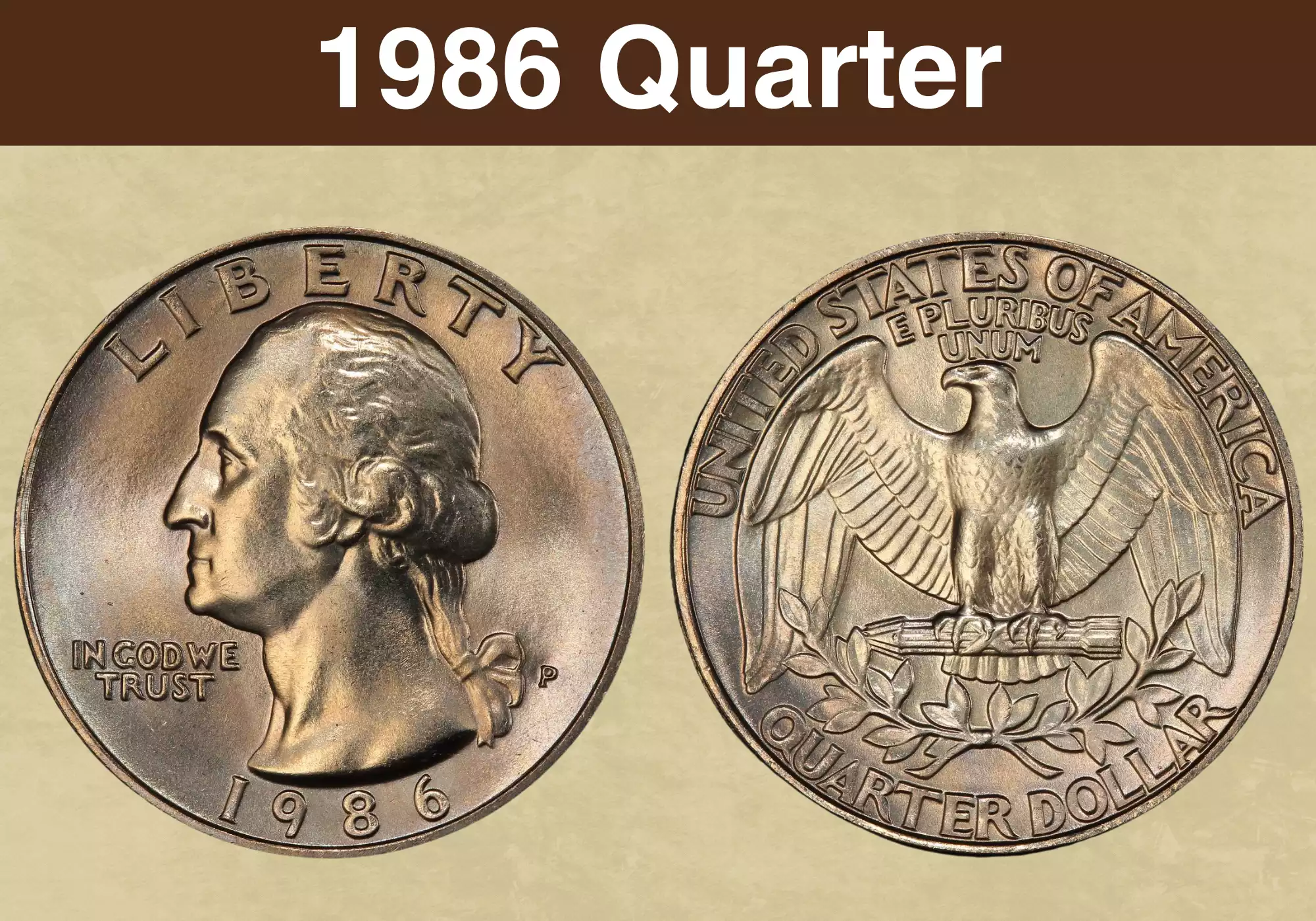 1986-P Washington Quarter obverse and reverse showing mint mark location