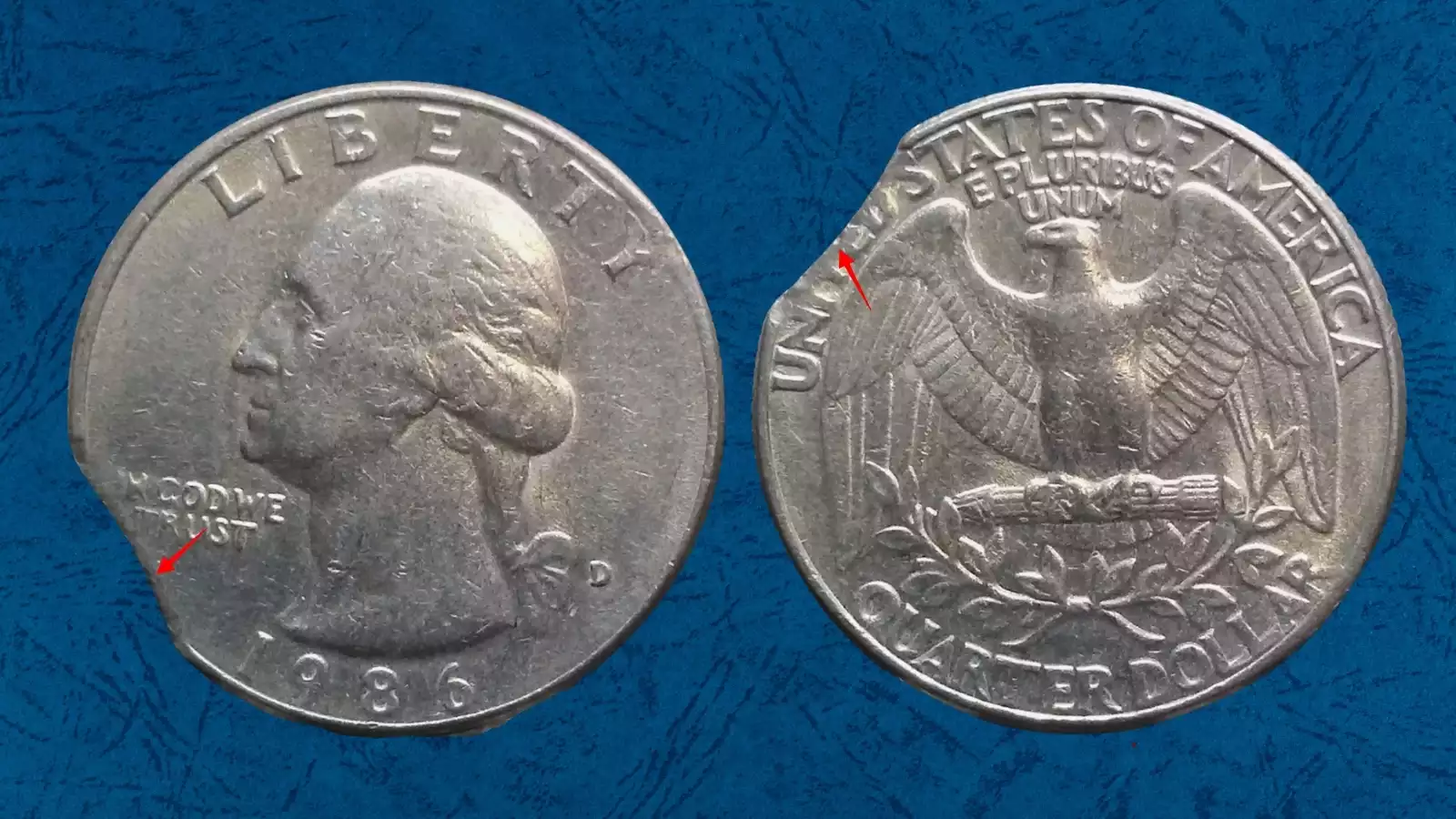 1986 quarter wrong planchet error struck on a dime planchet showing reduced size and compressed design