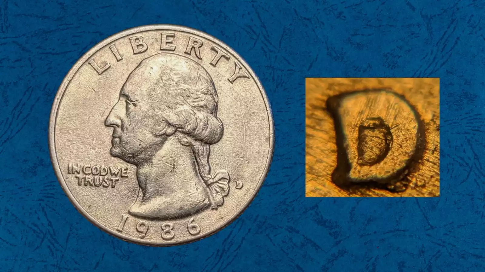 1986-D quarter RPM repunched mint mark error showing secondary D beside primary D under magnification