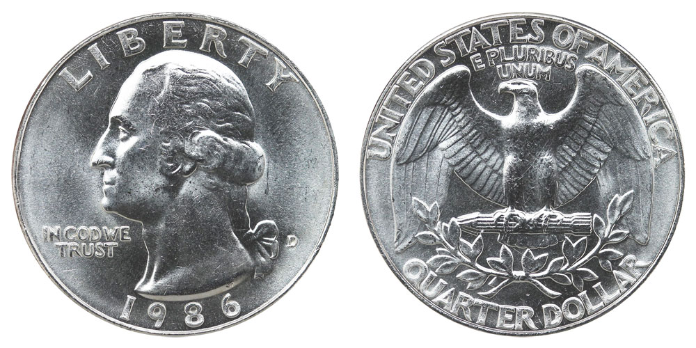 All three 1986 Washington Quarter varieties: Philadelphia P, Denver D, and San Francisco S proof side by side